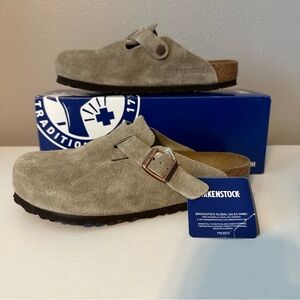 Birkenstock Boston Soft Footbed Clogs - Regular/Wide Width - Taupe Suede Leather